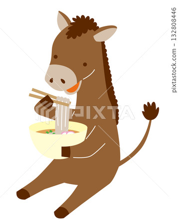 一匹馬坐著吃蕎麥麵的插圖 132808446