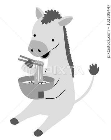 Monochrome illustration of a horse eating soba noodles while sitting 132808447