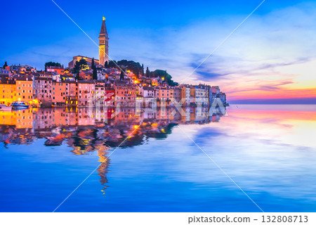 Rovinj, Croatia. Famous city of Istria Peninsula, Dalmatia coastline, blue hour colored sky. Rovinj, Croatia. Famous city of Istria Peninsula, Dalmatia coastline. 132808713