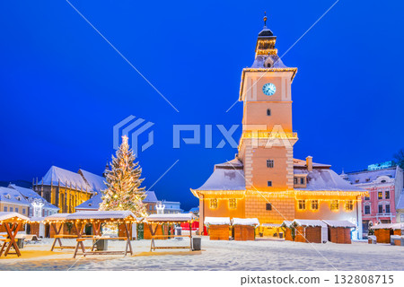 Brasov, Romania. Snowy winter landscape - Christmas Market in Transylvania Brasov, Romania. Snowy winter landscape - Christmas Market in Transylvania 132808715