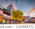 Nuremberg, Germany. Tiergartnertor, historical Kaiserburg, morning twilight. 132808722