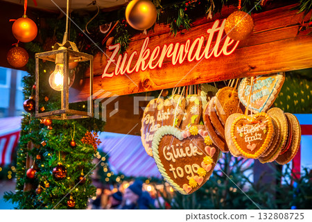 Nuremberg, Germany. Gingerbread and candy floss stall at Nurnberger Christkindlesmarkt, Bavaria. 132808725