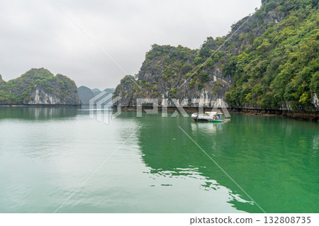 A serene boat floats on the tranquil waters of Ha Long Bay, Vietnam, surrounded by lush limestone karsts. The emerald water mirrors the overcast sky. 132808735