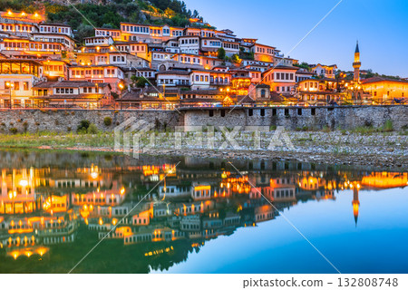 Old houses of Berat, historic city in Albania - Balkans country, world heritage. Old houses of Berat, historic city in Albania - Balkans country, world heritage. 132808748