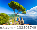 Ravello, Amalfi Coast. Peaceful hill town in Italy with beautiful church, cypress trees and sweeping sea view. 132808749