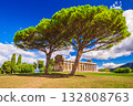 Paestum, Italy. Temple of Athena, majestic ancient Greek sanctuary with Doric columns. 132808763