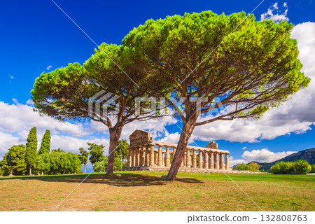 Paestum, Italy. Temple of Athena, majestic ancient Greek sanctuary with Doric columns. 132808763