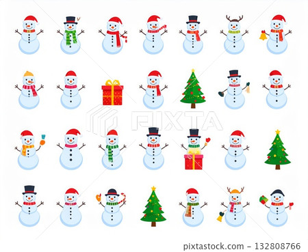 一套以聖誕節和冬季為主題的向量圖標，包括戴著聖誕帽的雪人。 132808766