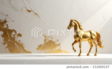 [New Year's Cards/Business] A golden horse sculpture standing in a modern space and abstract golden brushstrokes (luxury) 132809147