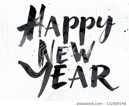 雄偉、優美流暢的「新年快樂」水墨書法，留有充足的文字空間（日式現代風格） 132809148