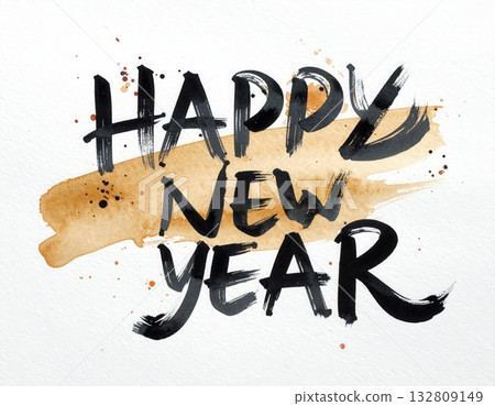 "HAPPY NEW YEAR" (New Year's greeting) written in bold ink on a brown watercolor background 132809149