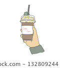 hand holding a cup of iced coffee in plastic cup illustration vector hand drawn with black lines 132809244