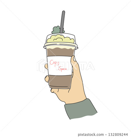 hand holding a cup of iced coffee in plastic cup illustration vector hand drawn with black lines hand holding a cup of iced coffee in plastic cup illustration vector hand drawn with black lines 132809244