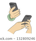 closeup Hands holding mobile phone illustration vector hand drawn with black lines 132809246