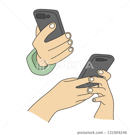 closeup Hands holding mobile phone illustration vector hand drawn with black lines closeup Hands holding mobile phone illustration vector hand drawn with black lines 132809246