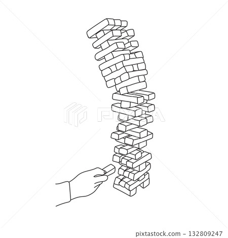 falling wood block tower stack game illustration vector hand drawn with black lines 132809247