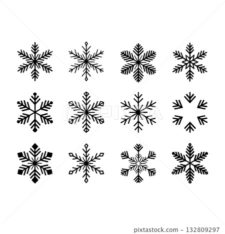 Various black snowflake designs arranged in a grid pattern for winter-themed decorations and graphics 132809297