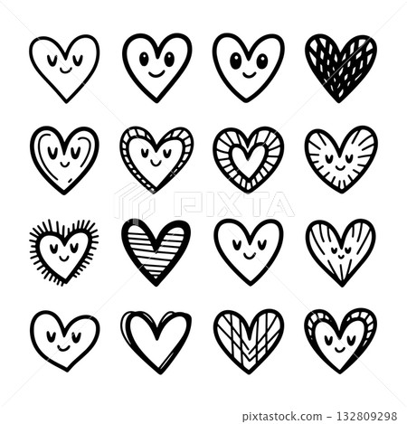 Cute and playful heart doodles with smiling faces in various designs and patterns for fun and creativity 132809298