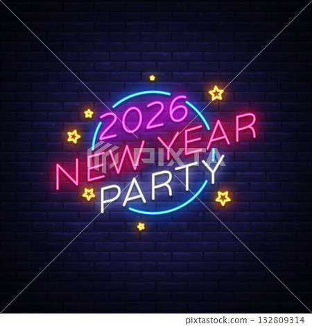 Neon design with 2026 New Year Party lettering and glowing stars. Bright lights and playful colors create a fun celebration vibe. Vector illustration 132809314