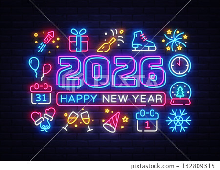 Bold 2026 Happy New Year sign surrounded by neon symbols like party hats, glasses, calendar, and snowflakes. Perfect for cheerful event designs. Vector illustration 132809315