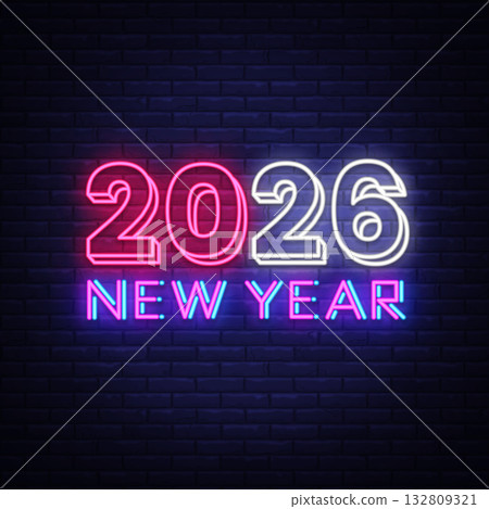Neon sign with 2026 and New Year text glowing on a dark brick background. Bright futuristic light creates a modern festive vibe. Vector illustration 132809321
