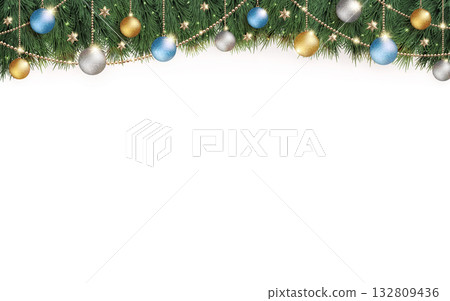 Sparkling Christmas ornaments and plain white horizontal background Sparkling Christmas ornaments and plain white horizontal background 132809436