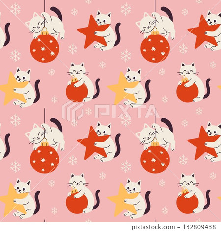 Seamless Pattern of Cute Cats Playing with Christmas Ornaments 132809438