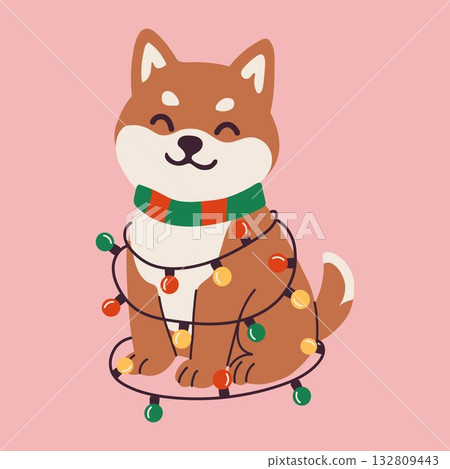 Adorable Dog with Christmas Lights and Festive Scarf 132809443