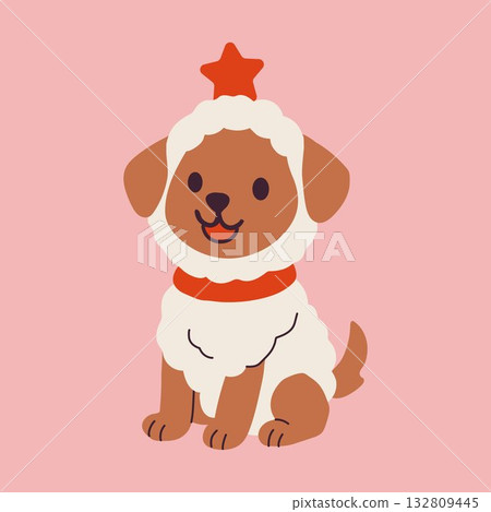 Adorable dog wearing a fluffy Christmas costume with a star on top and red collar 132809445
