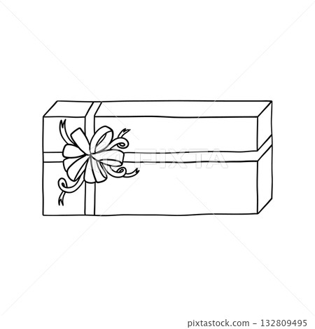 Gift box with decorative ribbon and bow. Minimalist doodle-style vector perfect for coloring pages, greeting cards and holiday design projects. 132809495