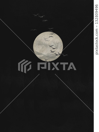 一幅水彩風格的月夜畫。單色手繪素材,留有文字空間。 一幅水彩風格的月夜畫。單色手繪素材,留有文字空間。 132809496