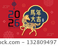 2026 Year of the Horse Chinese New Year poster with golden horse and Chinese knot 132809497