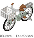 Isometric illustration of a bicycle with a basket. With main lines, right-hand view, facing forward. 132809509