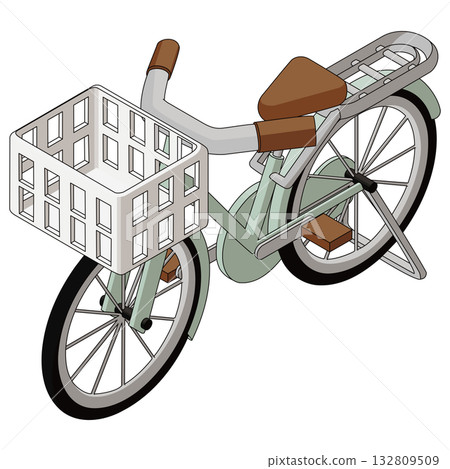 Isometric illustration of a bicycle with a basket. With main lines, right-hand view, facing forward. 132809509