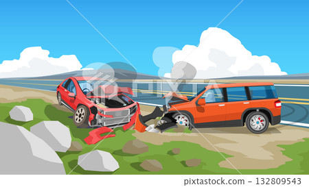 Two car crashes head on into each other. Car spun out onto the side of the asphalt road. Fronts of both cars were severely damaged and the fronts were completely destroyed. Emergency safety bag. Two car crashes head on into each other. Car spun out onto the side of the asphalt road. Fronts of both cars were severely damaged and the fronts were completely destroyed. Emergency safety bag. 132809543