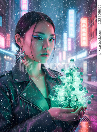 Young woman holding glowing Christmas tree in vibrant urban setting 132809693