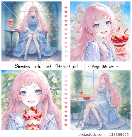 一位粉紅色頭髮的女孩在玫瑰園裡吃草莓芭菲。一套4張漫畫風格的AI插畫。 一位粉紅色頭髮的女孩在玫瑰園裡吃草莓芭菲。一套4張漫畫風格的AI插畫。 132809955