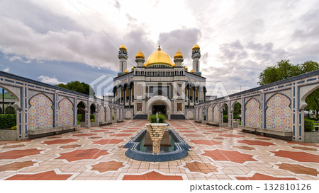 Ornate Jame' Asr Hassanil Bolkiah Mosque, featuring golden domes and intricate patterns, Bandar Seri Begawan, Brunei. 132810126