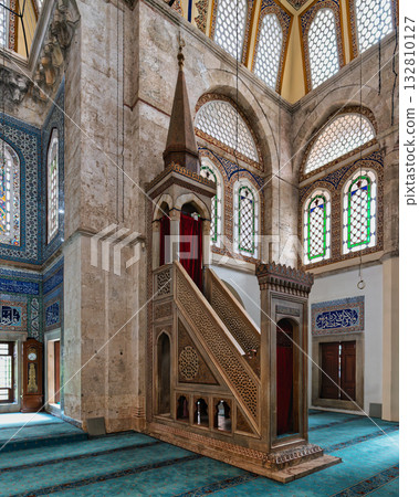 Muradiye Mosque Interior: Ornate Minbar, Stained Glass Windows, and Tiled Walls in Manisa, Turkey 132810127