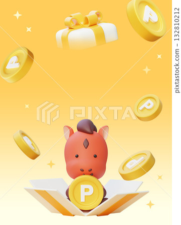 cartoon style 2026 new year red horse character with gold reward point in gift box poster 132810212