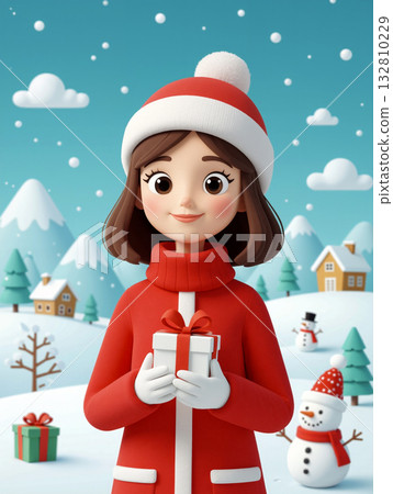 Cheerful girl in red winter attire holding a gift in a snowy landscape with trees and snowmen Cheerful girl in red winter attire holding a gift in a snowy landscape with trees and snowmen 132810229