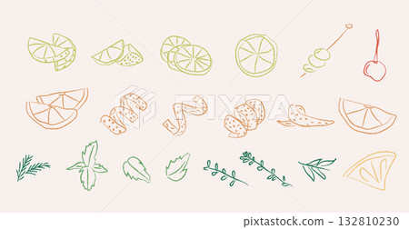 Vintage cocktail garnish elements set in whimsical doodle style. Hand drawn citrus slices, zest, cherry, olive, mint, and herbs for mixology recipe, bar decor, menu design, or kitchen illustration. Vintage cocktail garnish elements set in whimsical doodle style. Hand drawn citrus slices, zest, cherry, olive, mint, and herbs for mixology recipe, bar decor, menu design, or kitchen illustration. 132810230