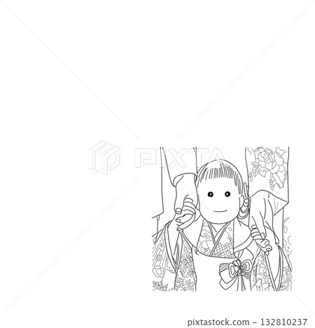 Child in kimono holding hands (line drawing) 132810237