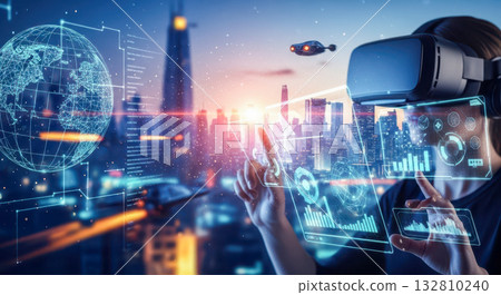 Person wearing vr headset in futuristic city for concept of metaverse, virtual reality, augmented reality, and business technology 132810240