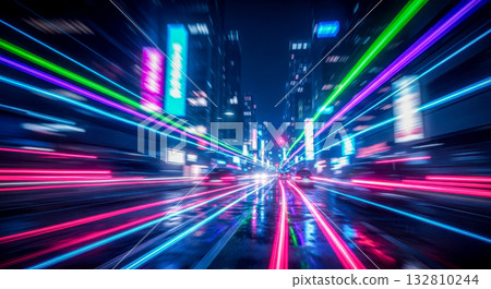 City street at night with motion blur light trails for concept of urban life, speed, or technology 132810244