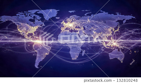 Global network connection concept with world map and glowing light lines. International business or data transfer background. Future technology and internet communication. Dark blue 132810248