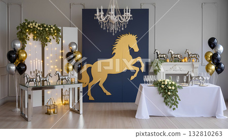 Elegant festive interior decoration with a golden horse silhouette, silver figurines, flowers and balloons. 132810263