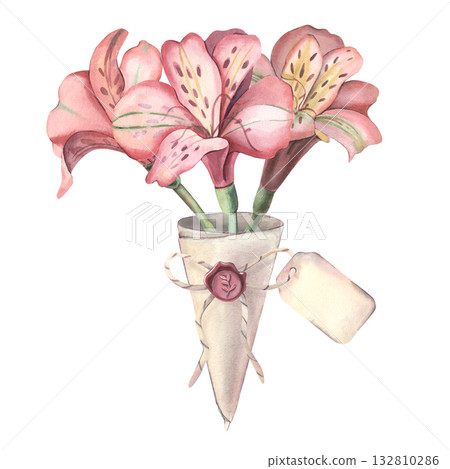 Alstroemeria bouquet in paper cone with label. Hand-painted watercolor botanical illustration isolated on white for floral design, wedding invitations, posters, cards, branding, botanical projects 132810286