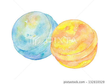 Watercolor illustration, hand-drawn illustration, colorful bath bomb set Watercolor illustration, hand-drawn illustration, colorful bath bomb set 132810329