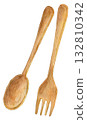 Watercolor illustration, hand-drawn illustration, wooden spoon and fork 132810342